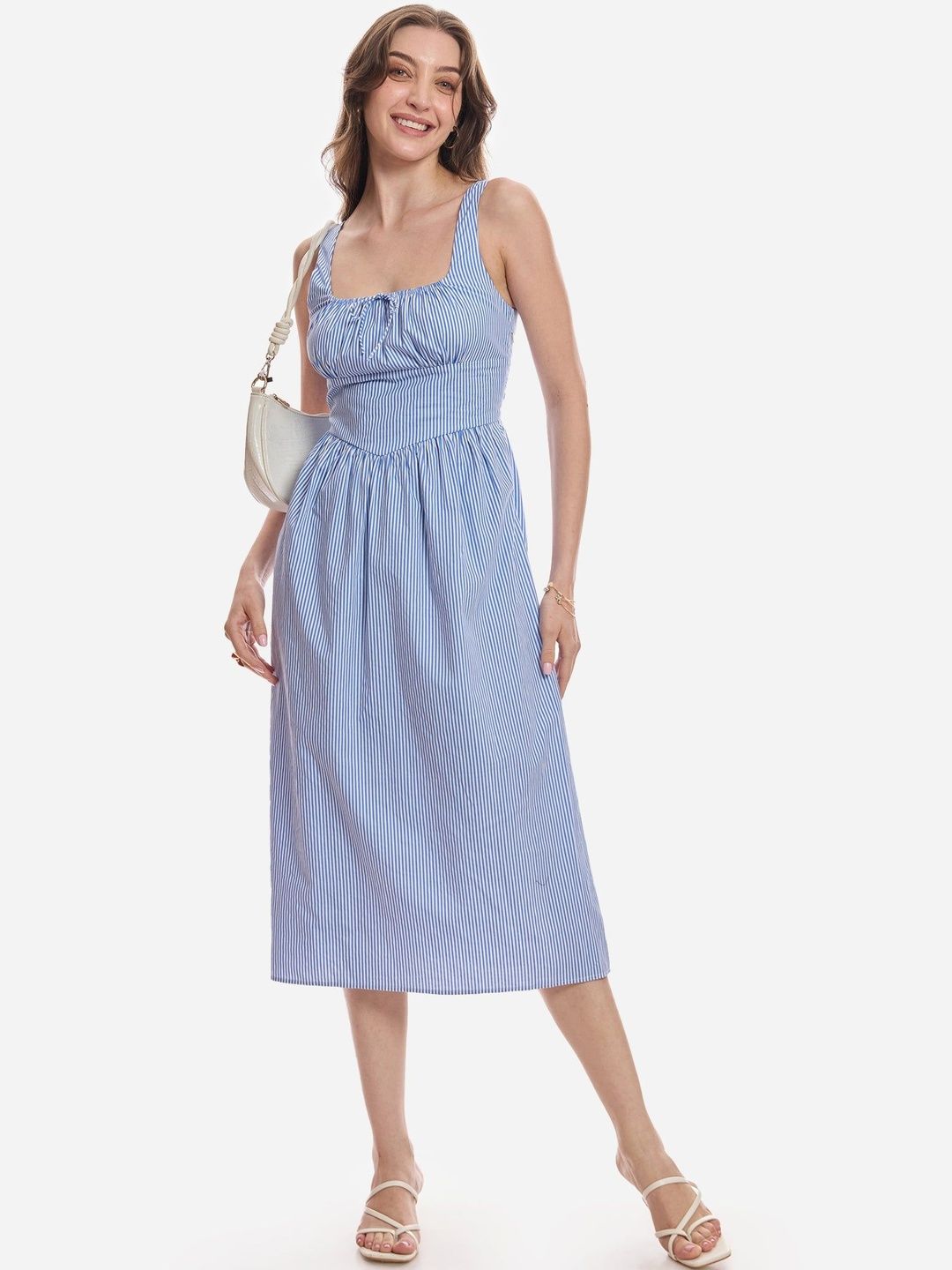 Virgio Women Striped Cotton Square Neck Dress with Tie up-image-25