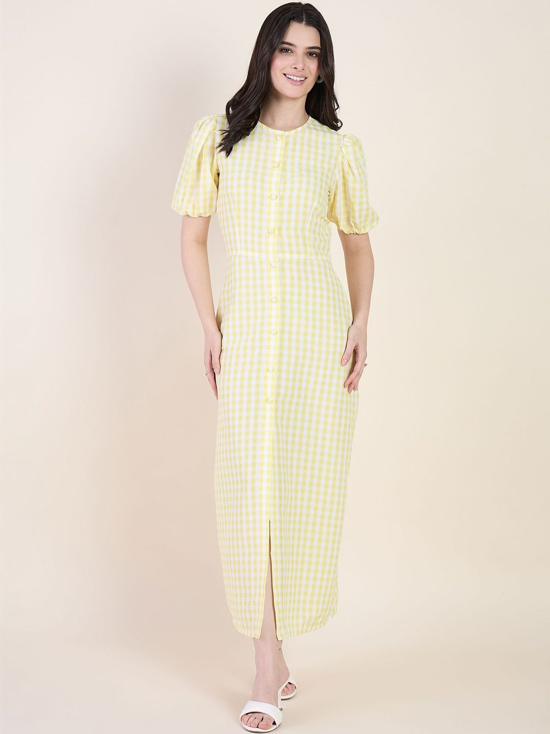 aayu Checked Puff Sleeve A-Line Midi Dress-image-34