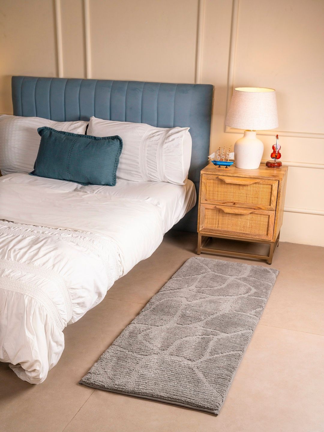 RALIA HOMES Grey Self Design Anti-Skid Bedside Floor Runner