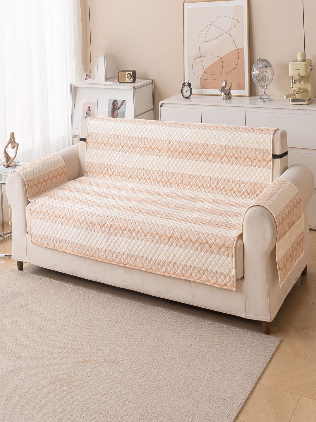 HOUSE OF QUIRK Beige & Peach-Coloured Printed Sofa Cover With Arms-image-11