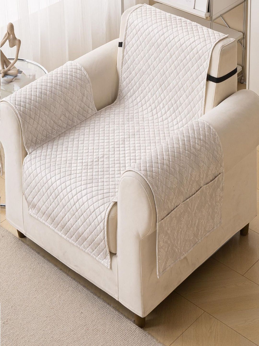 HOUSE OF QUIRK Beige & Cream-Coloured Printed Sofa Cover With Arms-picture-13