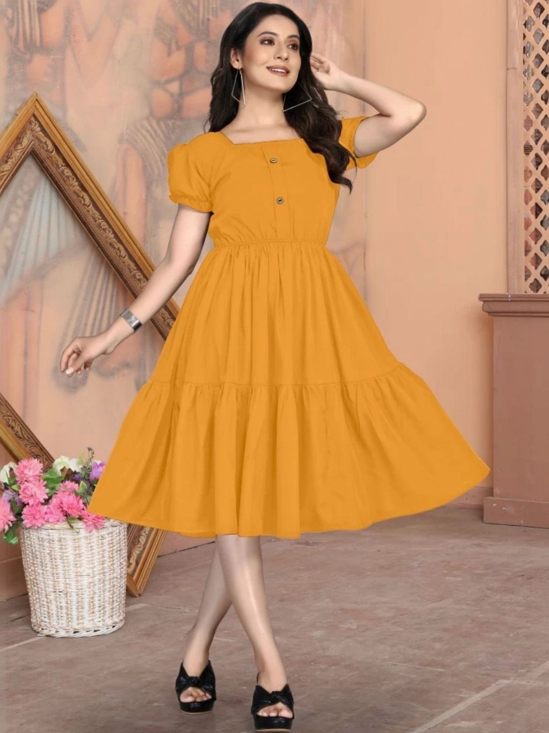 KRIVANSH STORE Puff Sleeve Crepe Fit & Flare Dress-picture-31