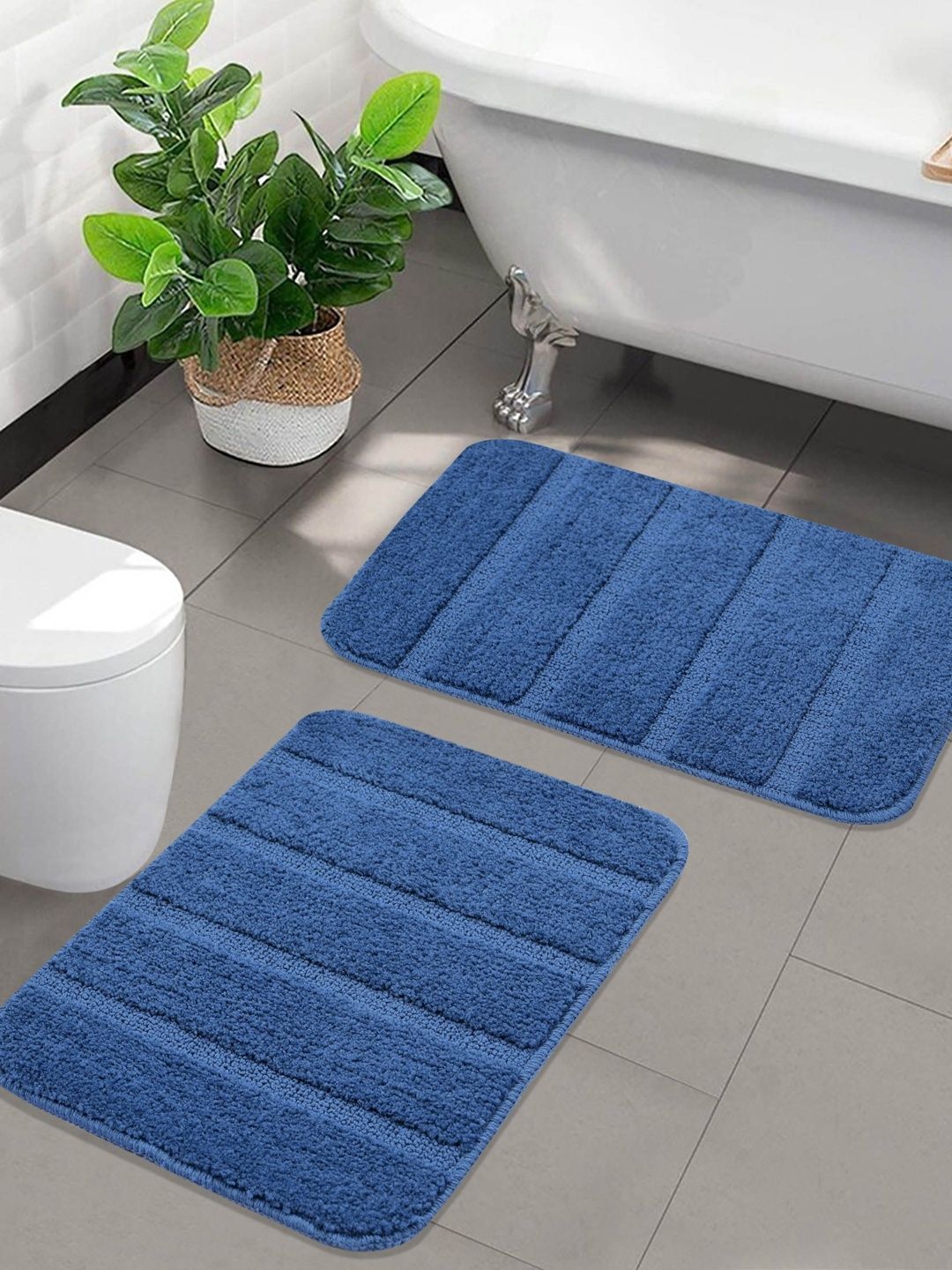 Saral Home 2Pcs Blue Striped 1300 GSM Microfibre Anti-Skid Bath Rugs-picture-12