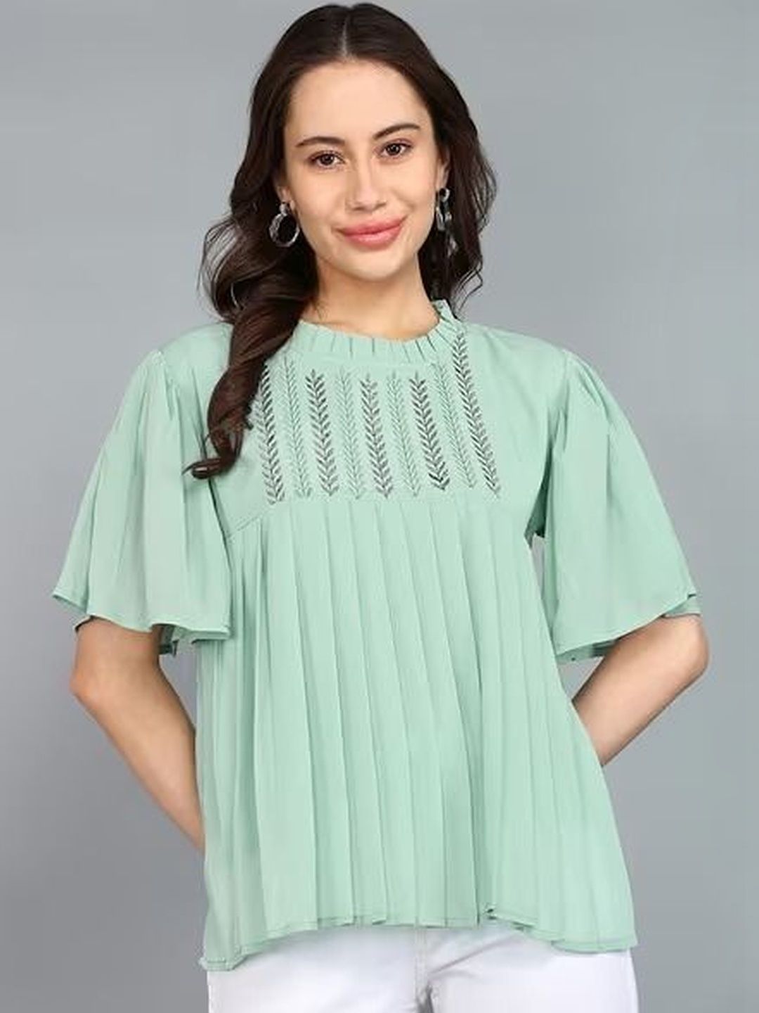 IQRA ENTERPRISE Floral Embroidered Bell Sleeve Chiffon Top-picture-10