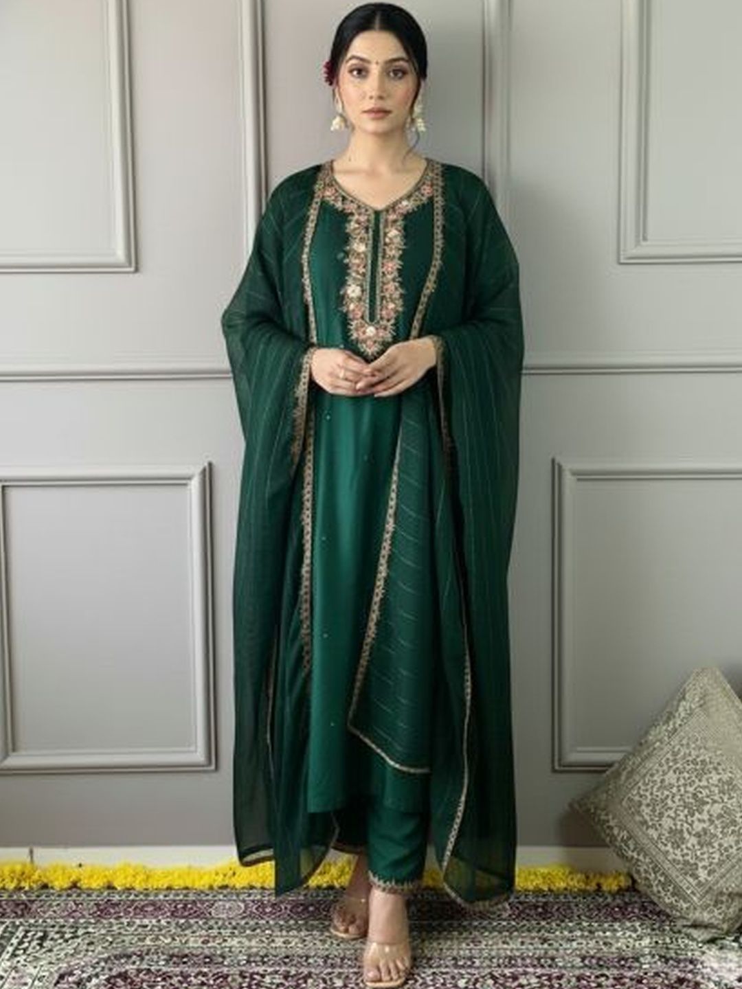 AG TEXTILE Women Ethnic Motifs Embroidered Regular Thread Work Kurta with Trousers & With Dupatta-picture-13