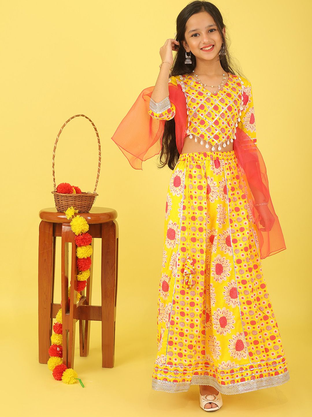 Sangria Girls Printed Cotton V-Neck Flared Lehenga With Choli & Dupatta-picture-56