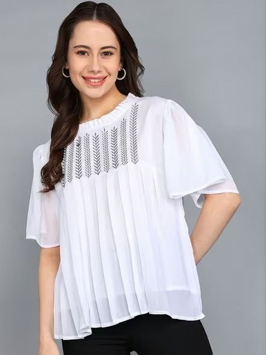 IQRA ENTERPRISE Floral Embroidered Puff Sleeve Chiffon Top-picture-32