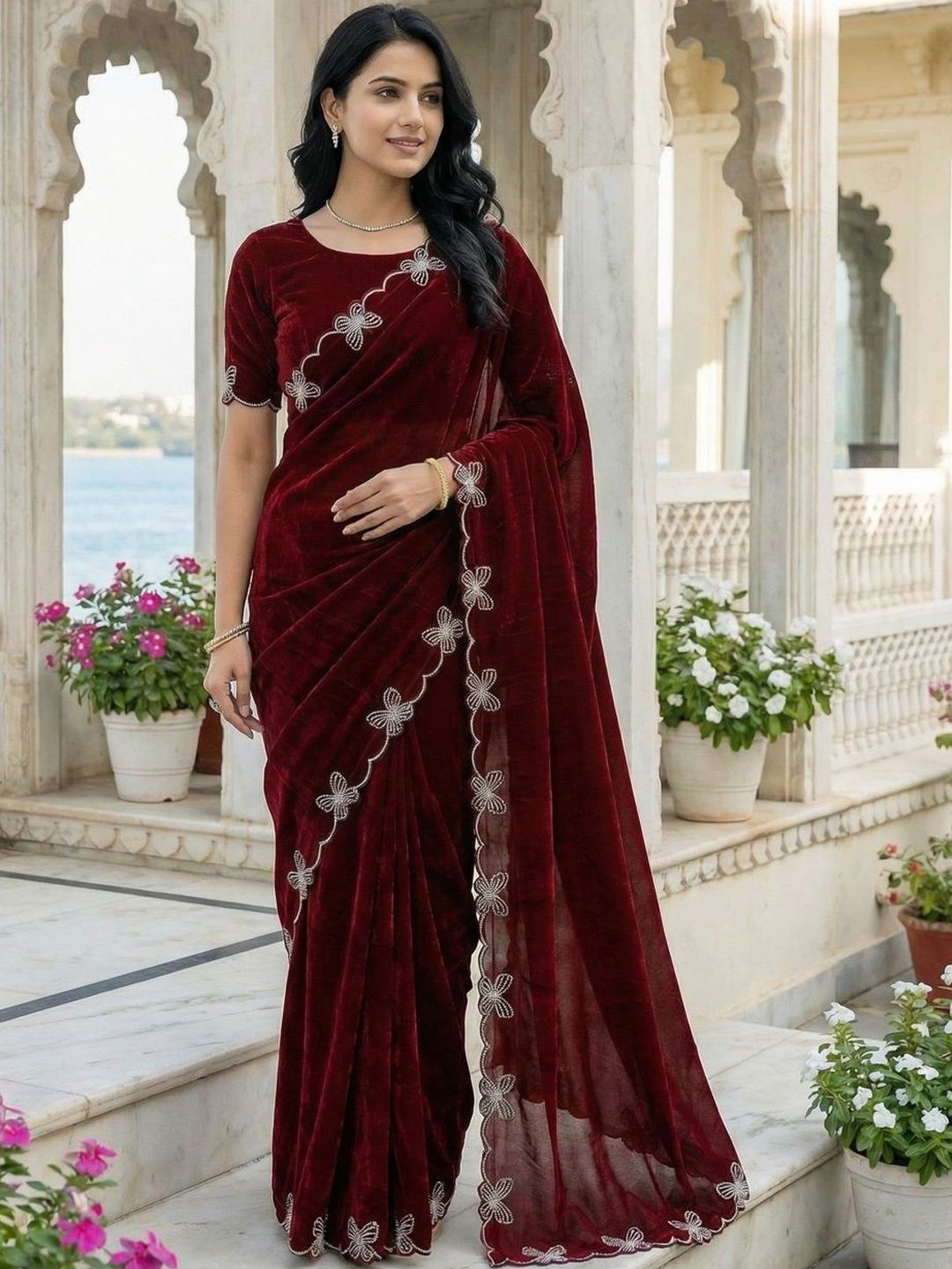 HERE&NOW Embellished Embroidered Satin Designer Saree-picture-25