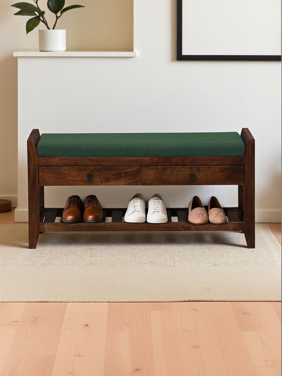 Bene Decor Brown & Green Wooden Bench With Cushion Shoe Rack-picture-44