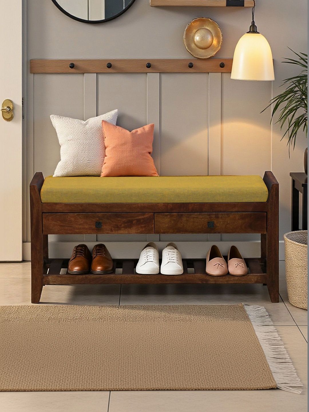Bene Decor Brown & Yellow Wooden Bench With Cushion Shoe Rackb-picture-53