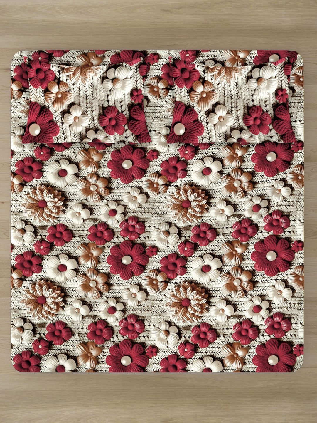KLOTTHE Beige & Red Floral 400-Thread Count 7D-King Size Bedsheet With 2-Pillow Covers-image-15