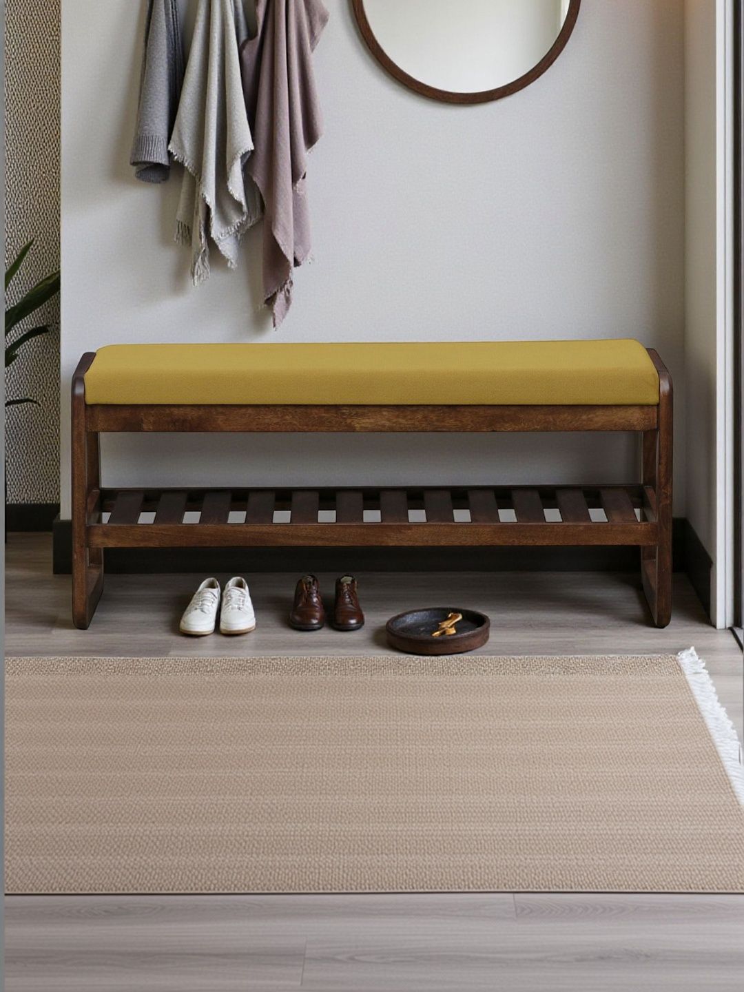 Bene Decor Brown & Yellow Wooden Bench With Cushion Shoe Rack-picture-33