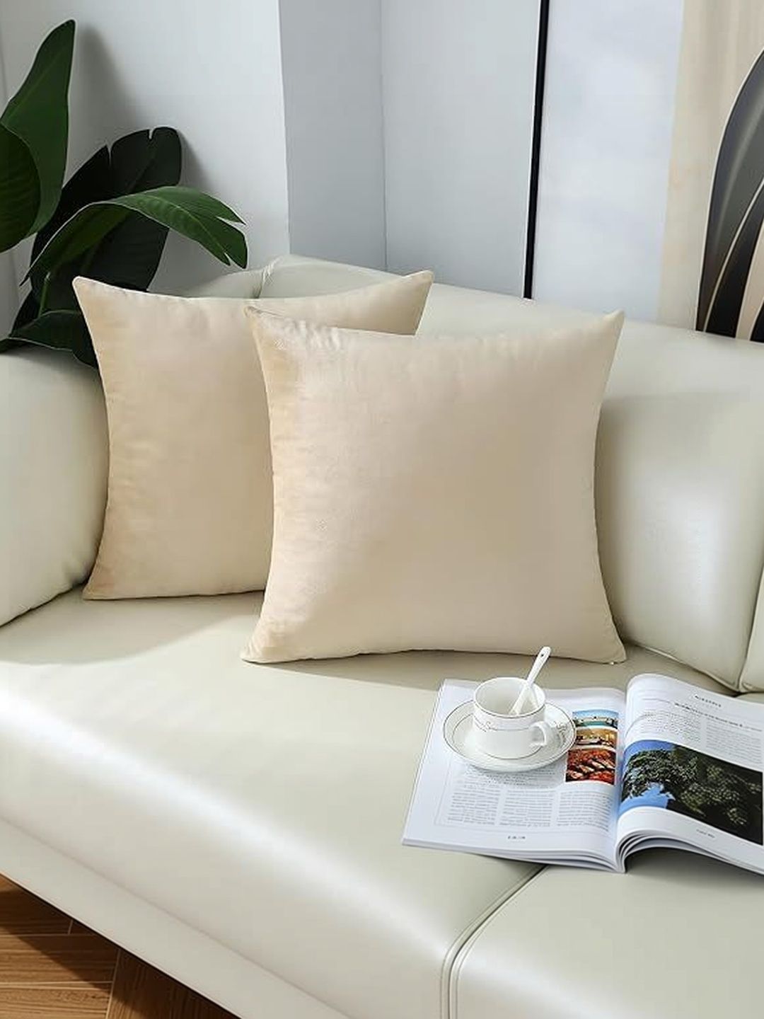 KNOTTING HOME Beige Set of 5 Velvet Square Cushion Covers-picture-34