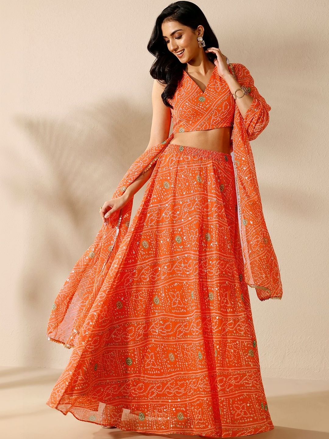 Libas Printed Sequinned Semi-Stitched Lehenga & Blouse With Dupatta