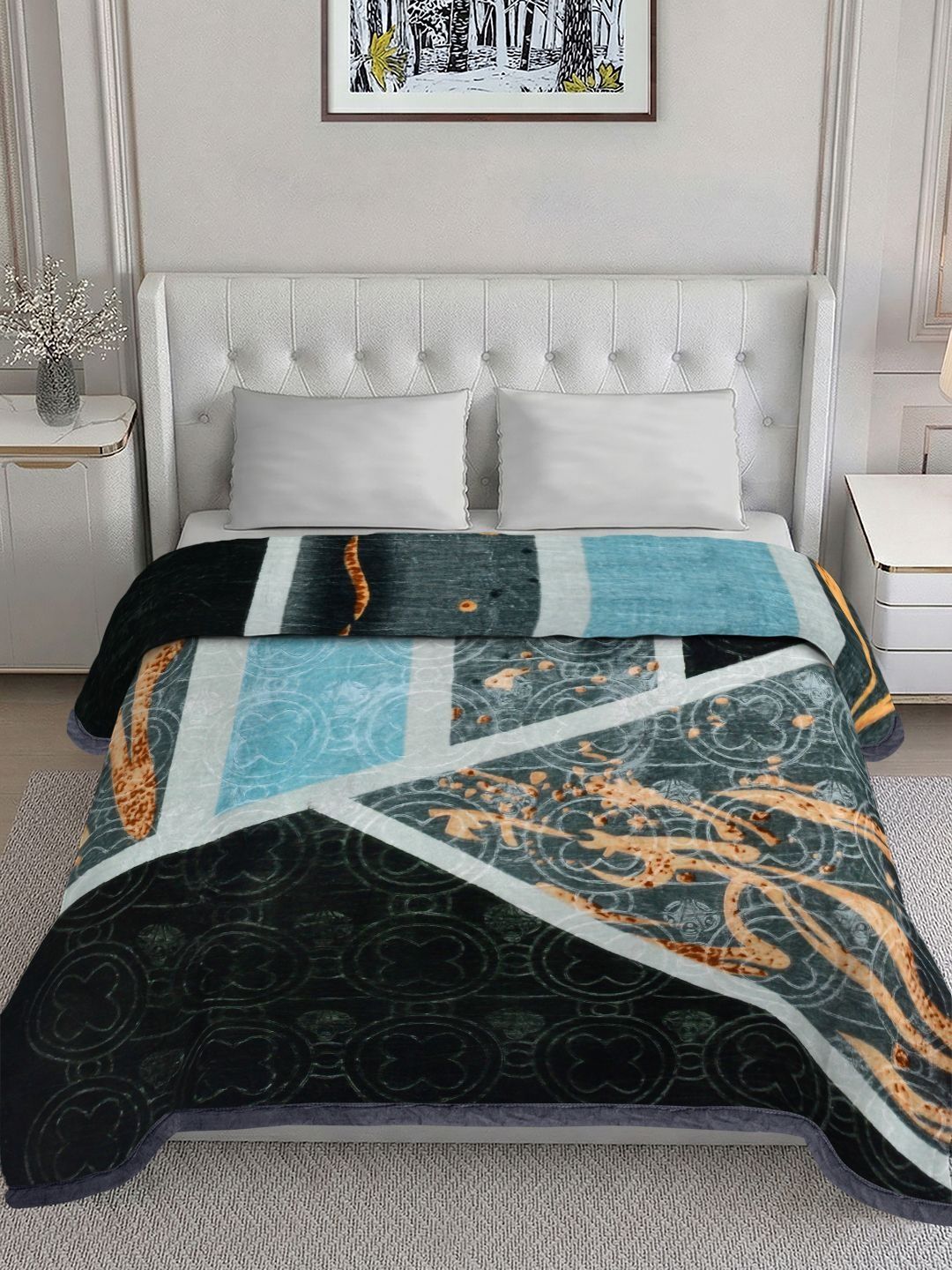 KLOTTHE Blue & Black Geometric Heavy Winter 1000 GSM Double Bed Blanket-picture-40