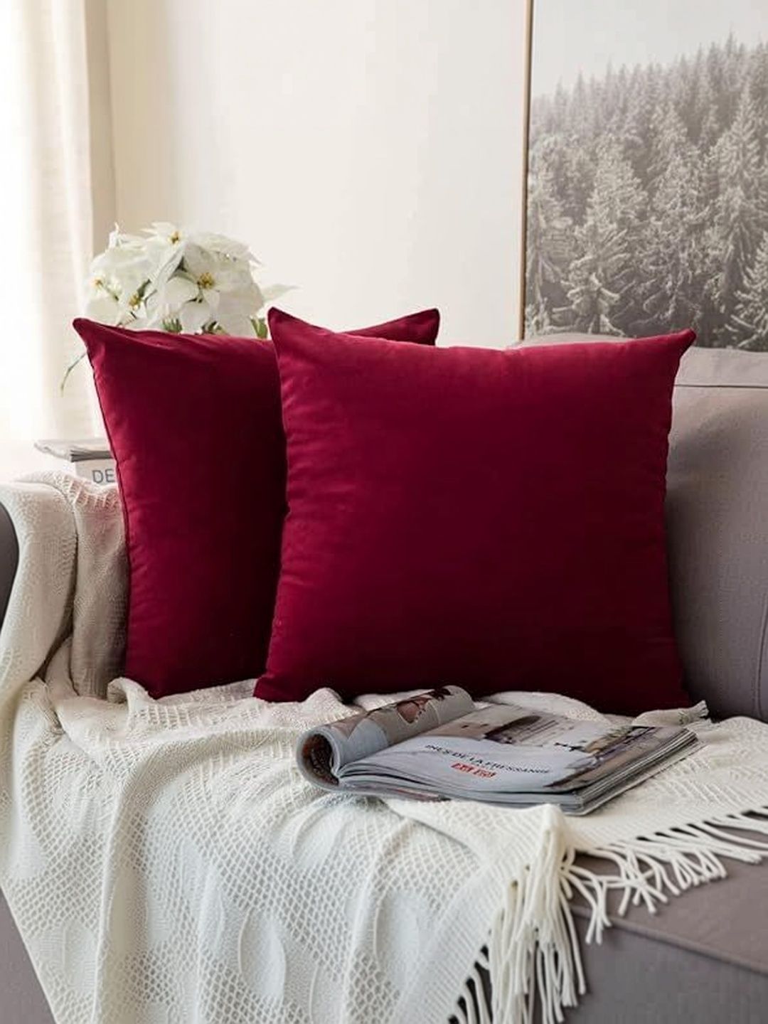 KNOTTING HOME Maroon Set of 5 Velvet Square Cushion Covers-picture-16