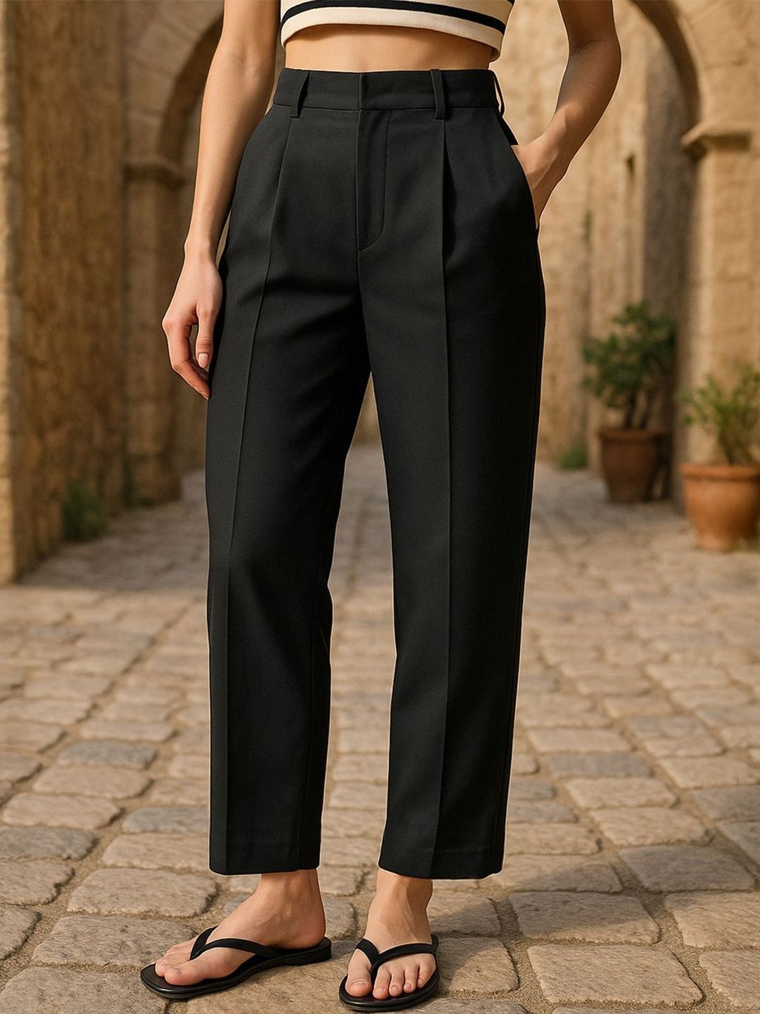 Bewakoof Women Tapered Fit High-Rise Pleated Trousers-picture-34