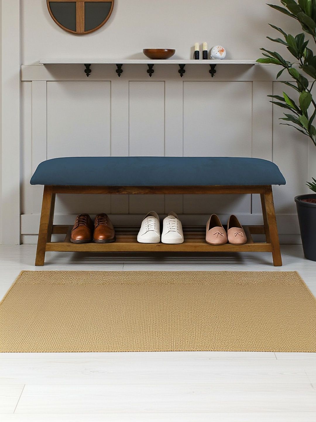 Bene Decor Brown & Blue Wooden Bench With Cushion Shoe Rack-image-6