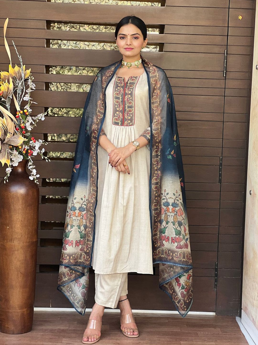 VISOKA Women Ethnic Motifs Embroidered Pleated Thread Work Kurta with Trousers & With Dupatta-picture-41