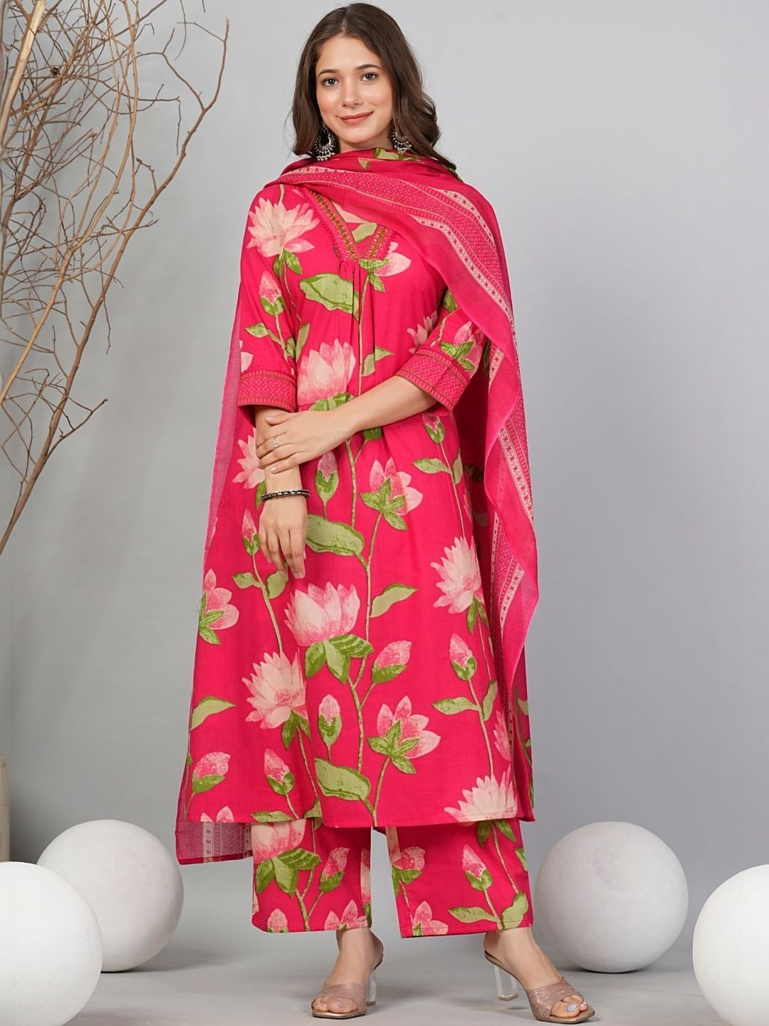 Amayra Women Floral Printed Regular Pure Cotton Kurta with Trousers & With Dupatta-picture-36