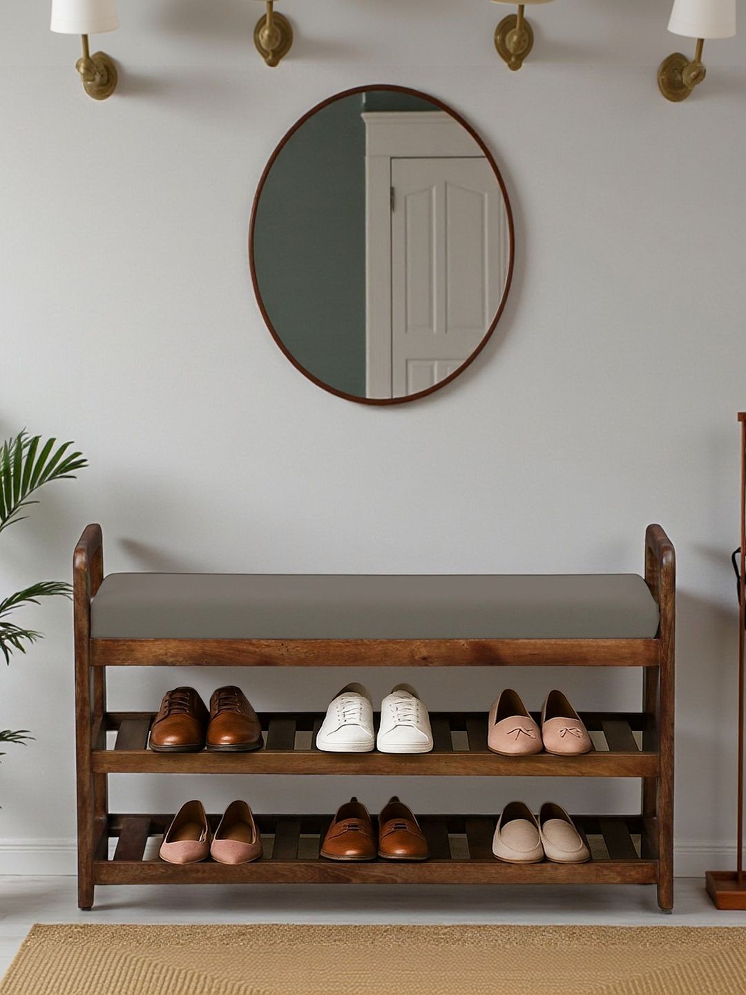 Bene Decor Brown & Grey Wooden Bench With Cushion Shoe Rack-picture-32