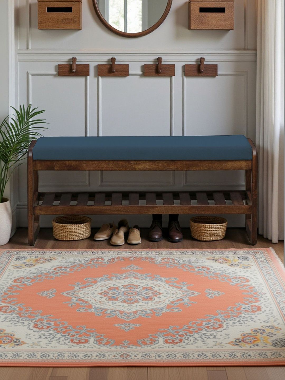 Bene Decor Brown & Blue Wooden Bench With Cushion Shoe Rack-picture-13