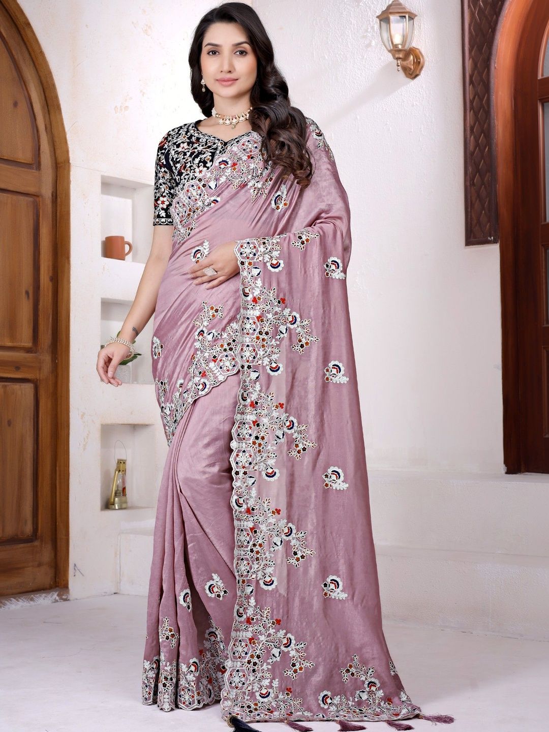 ROFOLO Ethnic Motifs Embroidered Art Silk Heavy Work Saree-picture-16