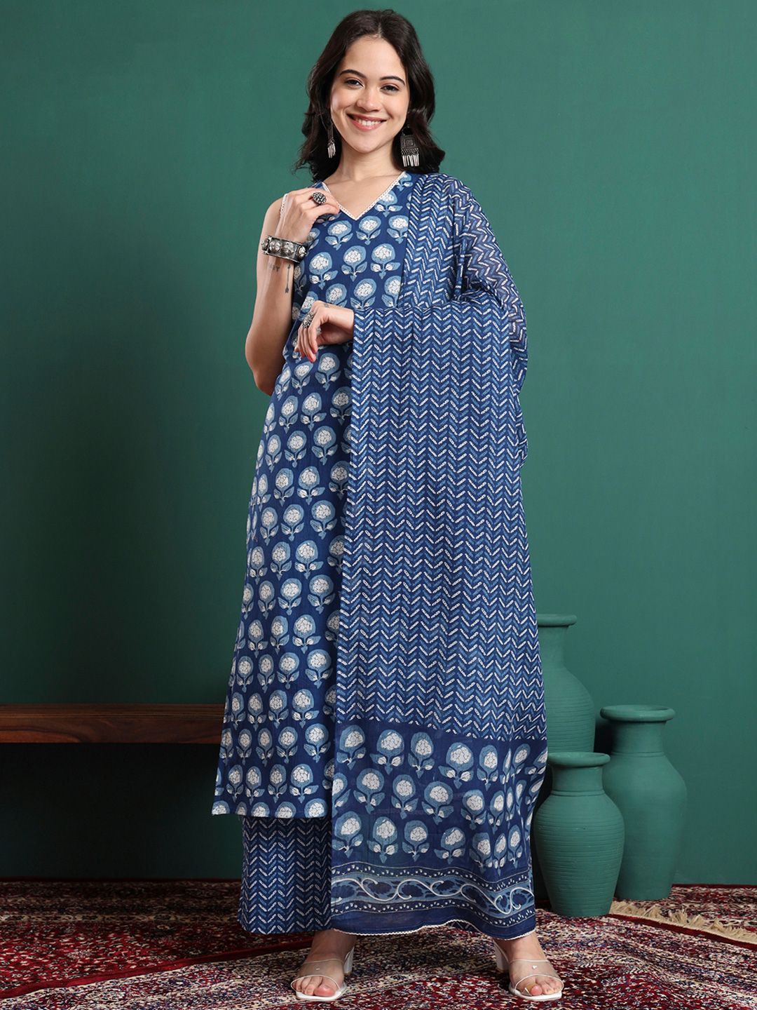 CHARMANT Women Floral Printed Regular Pure Cotton Kurta with Trousers & With Dupatta-picture-18