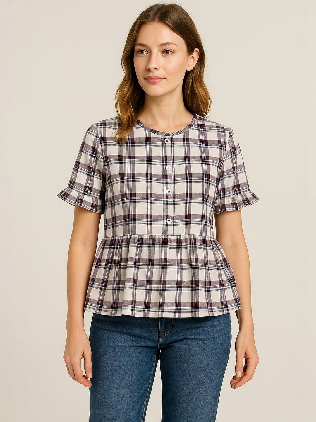 Rashmi Shree Creation Checked Flutter Sleeve Cotton Peplum Top-picture-40