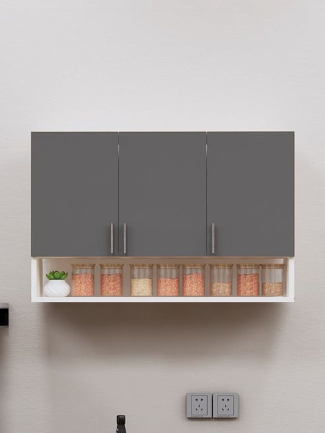 SPECIALITY PANELS Grey 3 Doors Modular Wall Mounted Kitchen Cabinet With Organizer Shelf