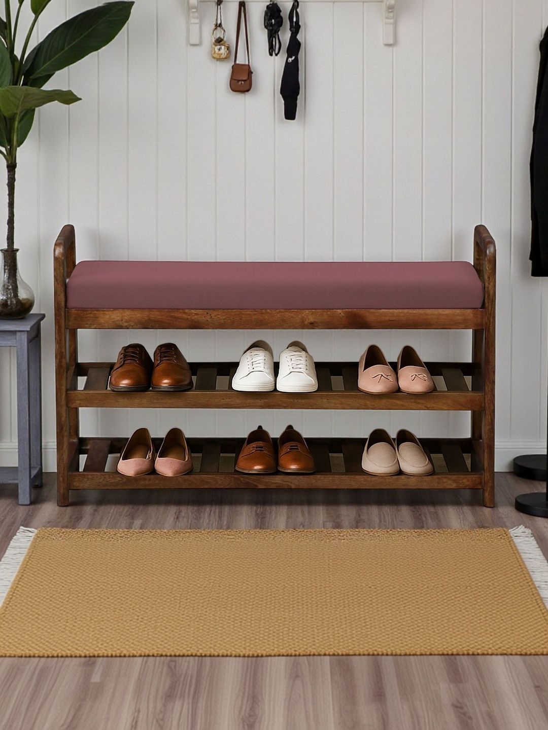 BENE DECOR Brown & Pink Wooden Bench With Cushion Shoe Rack
