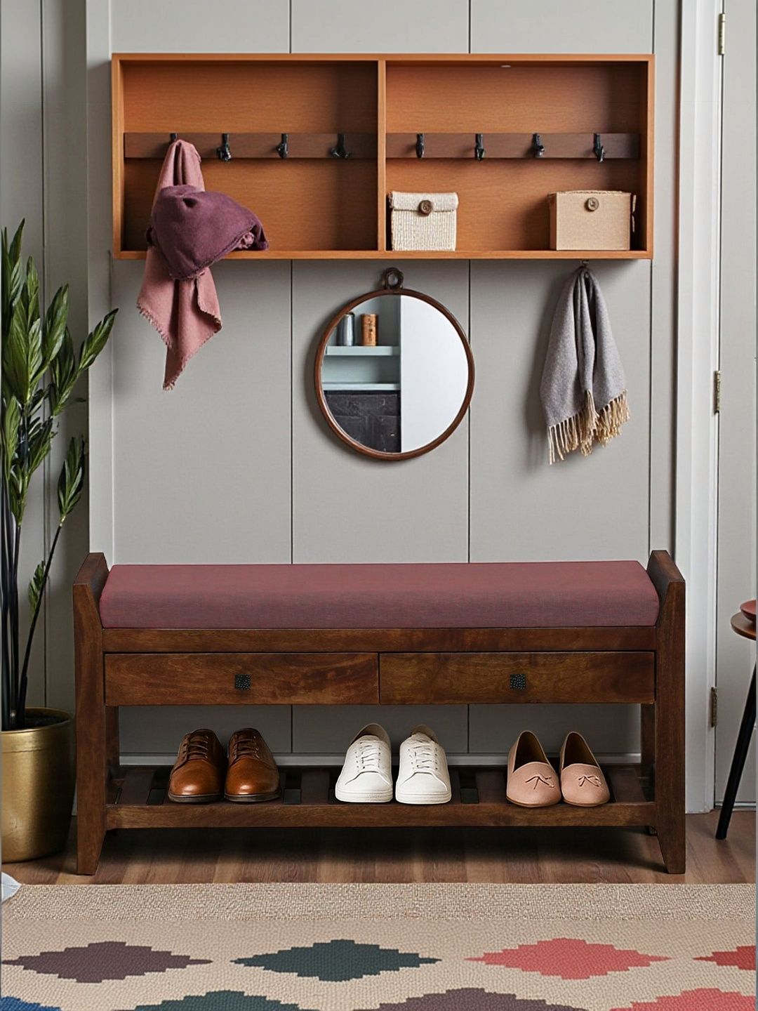 BENE DECOR Brown & Pink Wooden Bench With Cushion Shoe Rack-picture-49