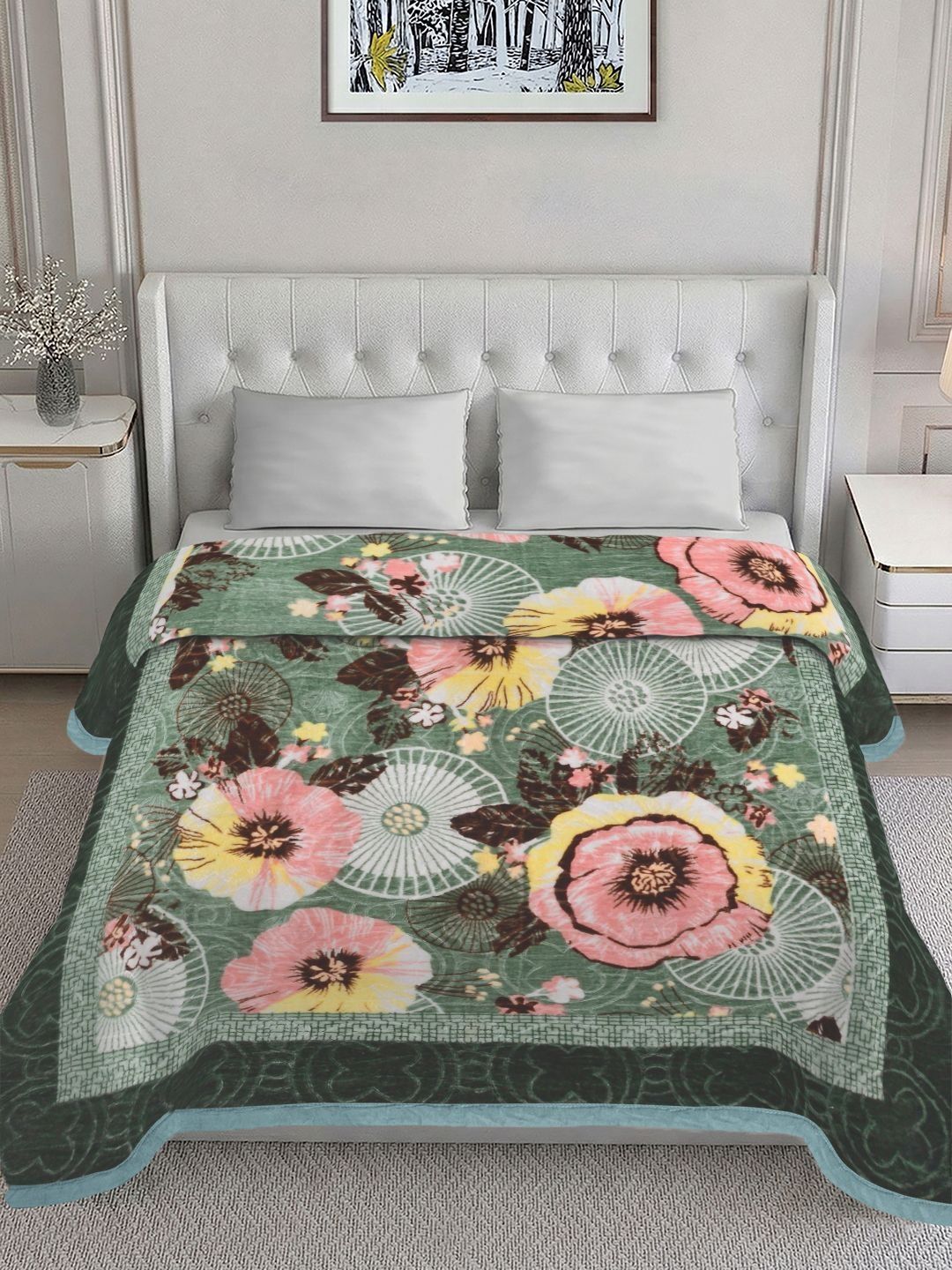 KLOTTHE Green & Pink Floral Heavy Winter 1000 GSM Double Bed Blanket-picture-42