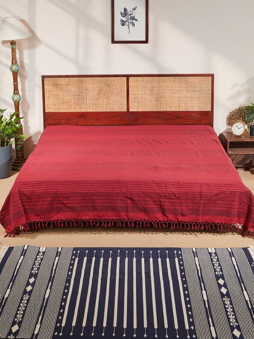 Fabindia Red Striped Cotton Double King Bed Cover-image-11