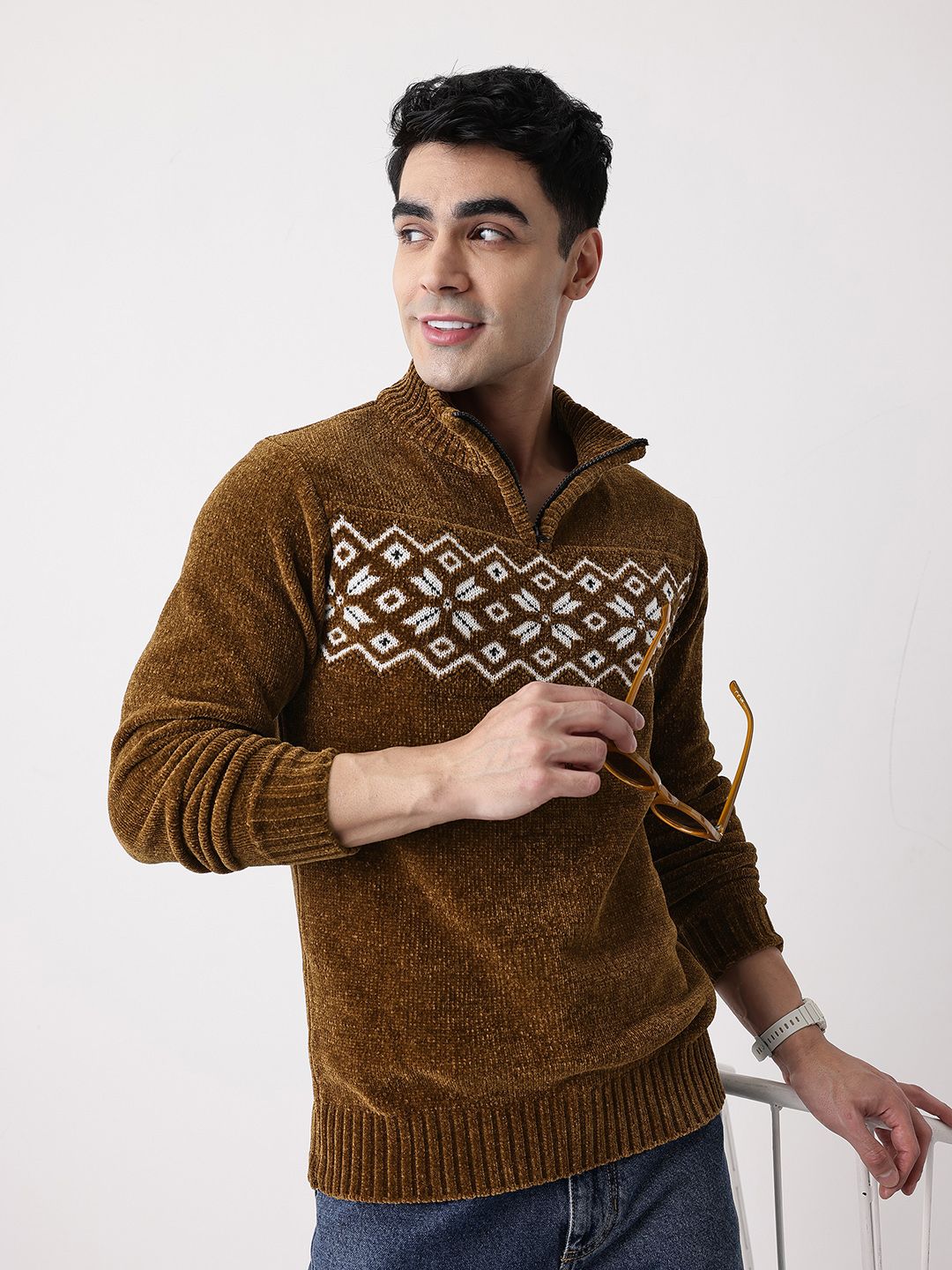 Mast & Harbour Geometric Mock Pullover with Half Zipper-picture-10