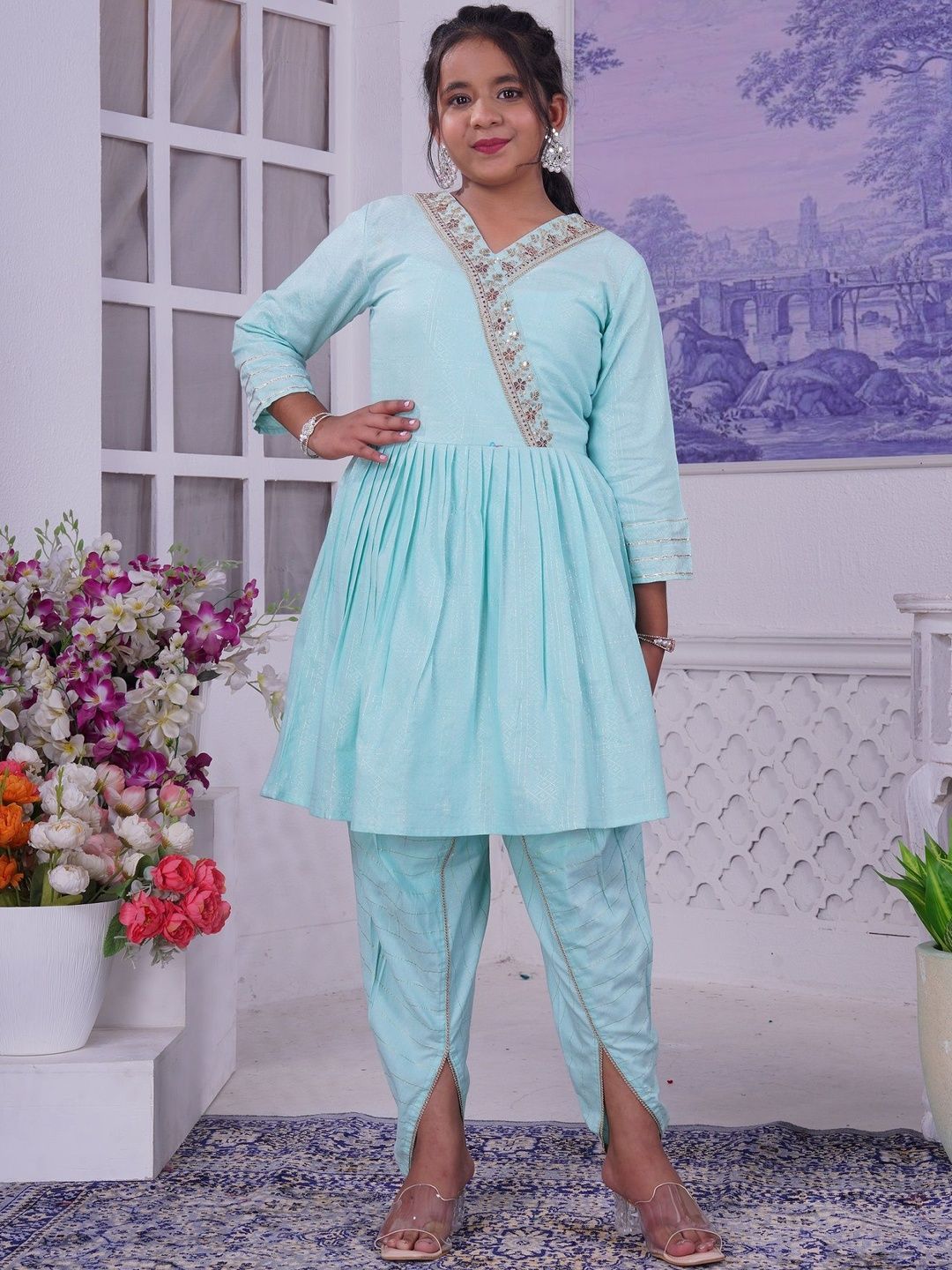 T4You Girls Ethnic Motifs Angrakha Sequinned Kurta with Dhoti Pants-picture-40