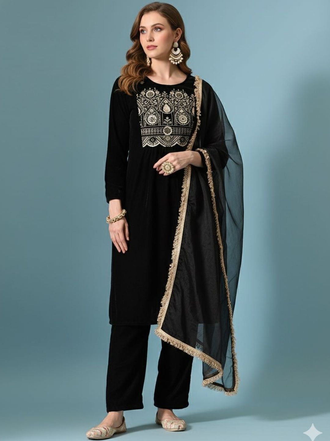 HERE&NOW Women Ethnic Motifs Embroidered Regular Thread Work Velvet Kurta with Trousers & With Dupatta-picture-23