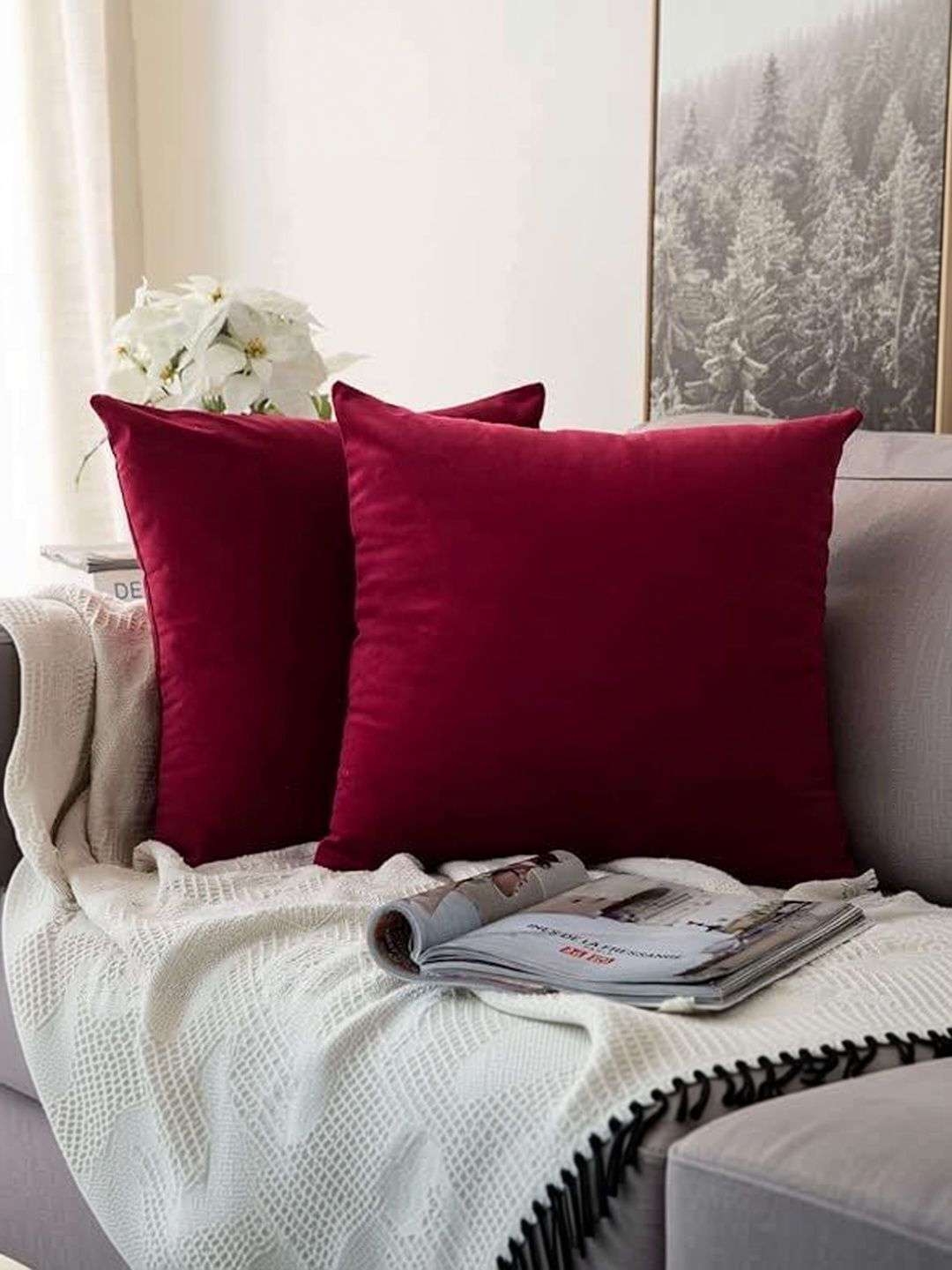 KNOTTING HOME Maroon Set of 5 Velvet Square Cushion Covers-picture-29