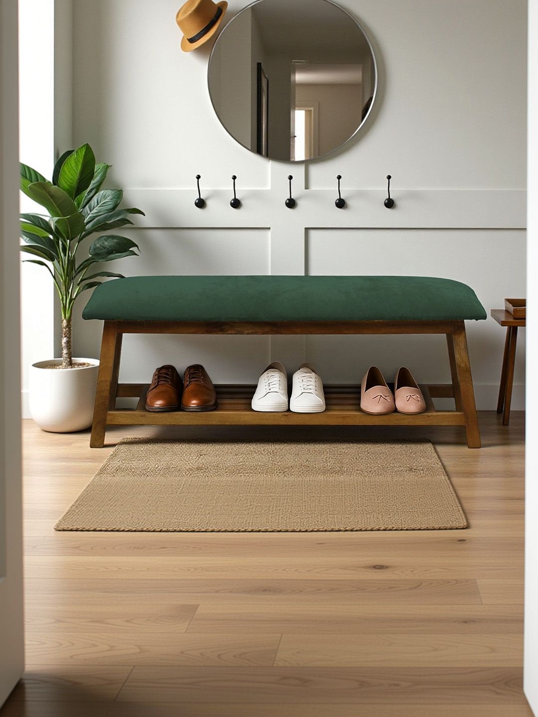 Bene Decor Brown & Green Wooden Bench With Cushion Shoe Rack