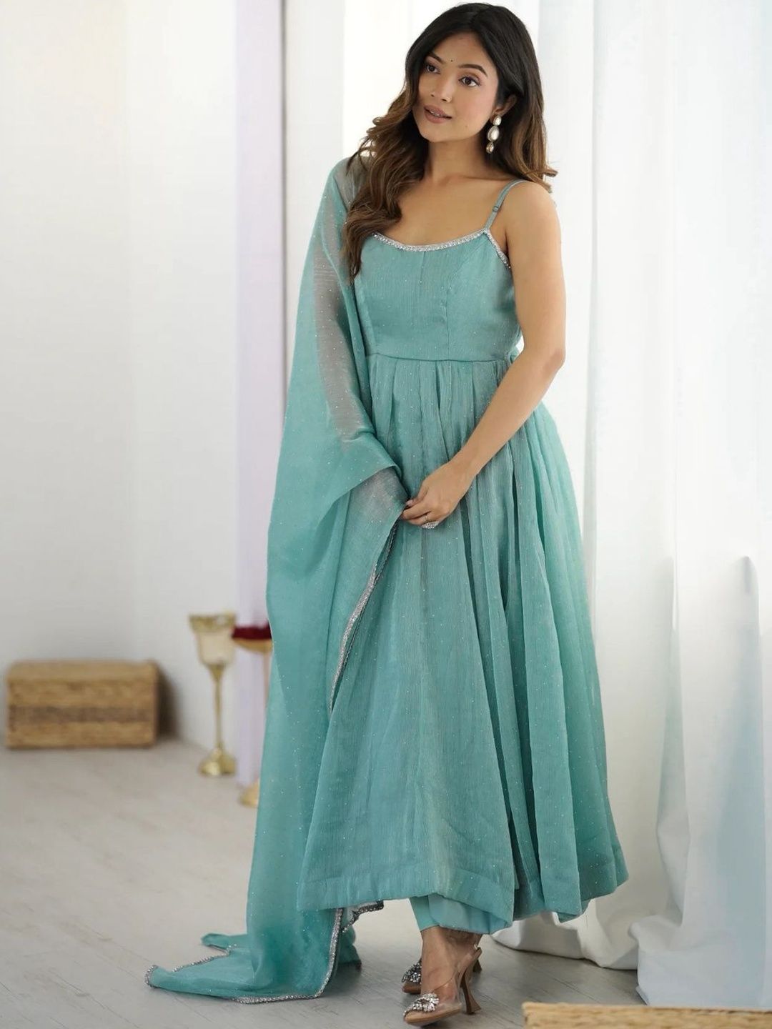 SAJAVAT ETHENIC WEAR Women Tiered Sequinned Kurta with Trousers & With Dupatta