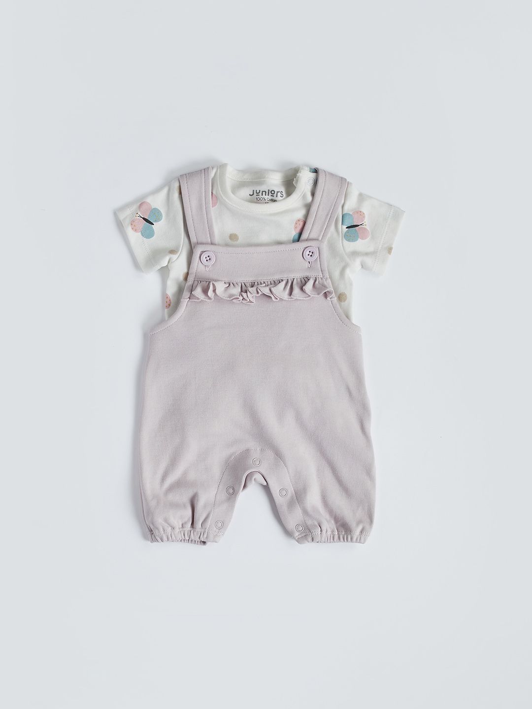 Juniors by Babyshop Infant Girls Cotton Dungaree & Butterfly Print T-shirt Set-picture-31