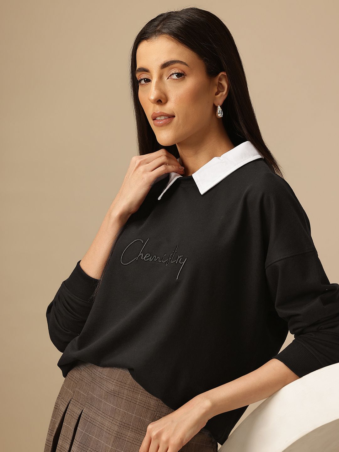 Chemistry Brand Logo Embroidered Shirt Collar Sweatshirt-image-2