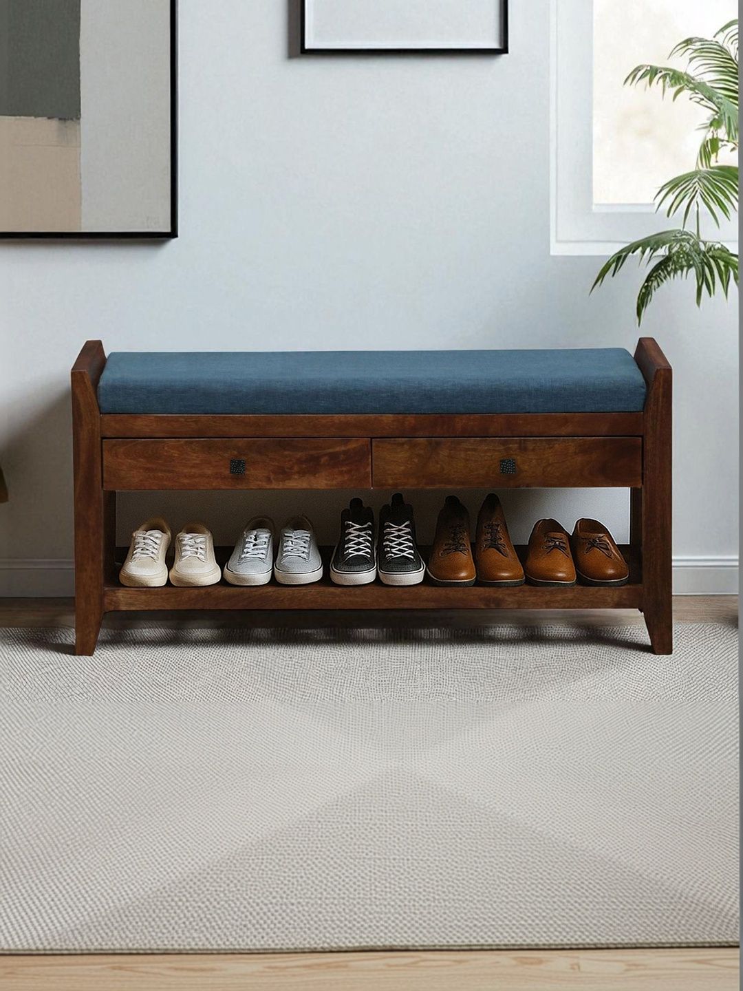 Bene Decor Brown & Blue Wooden Bench With Cushion Shoe Rack-picture-19