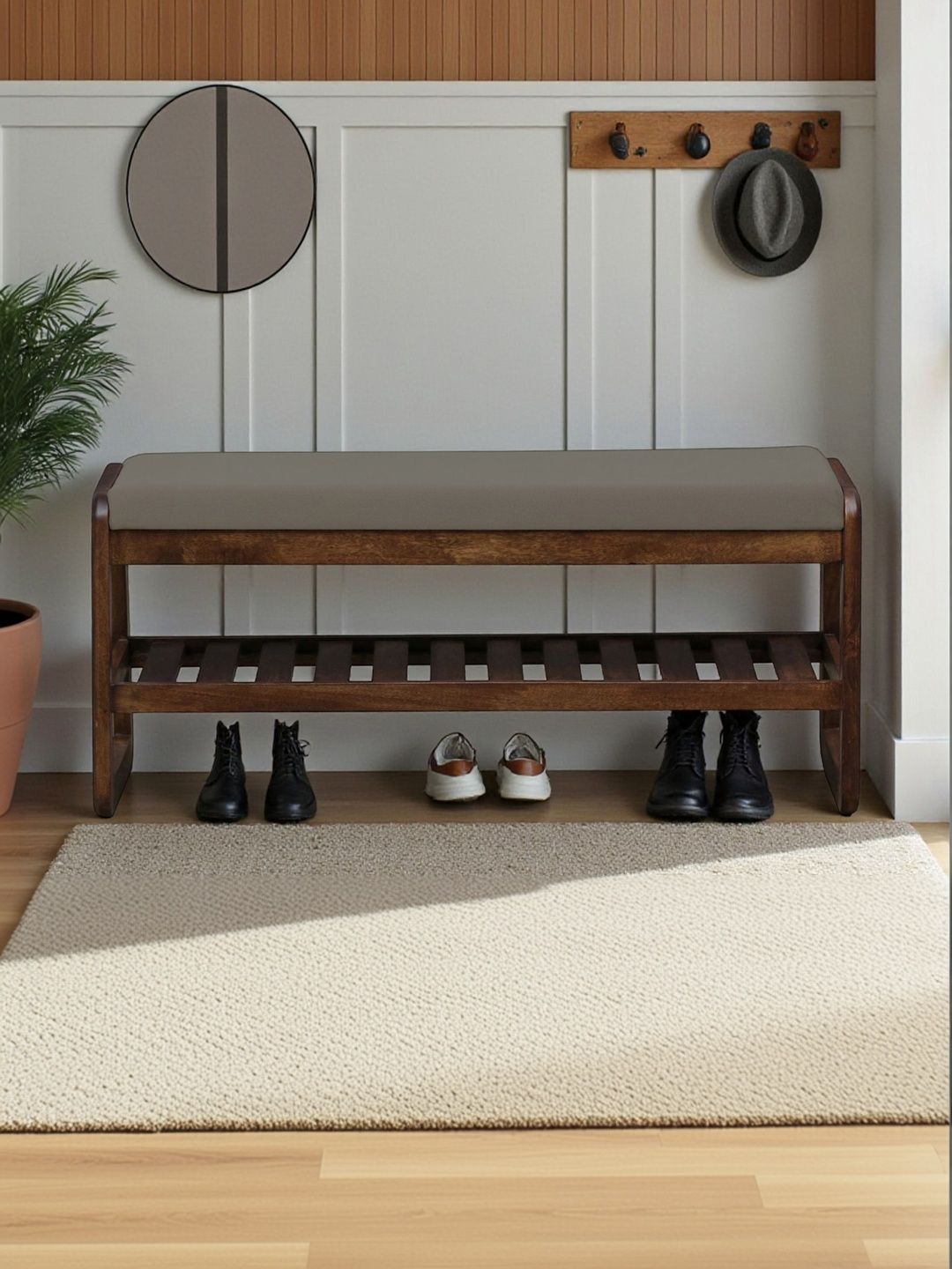 Bene Decor Brown & Grey Wooden Bench With Cushion Shoe Rack-picture-54