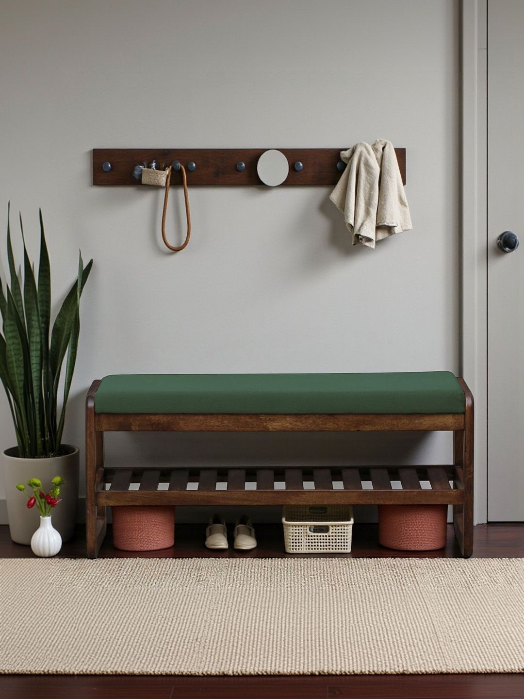 Bene Decor Brown & Green Wooden Bench With Cushion Shoe Rack-picture-35