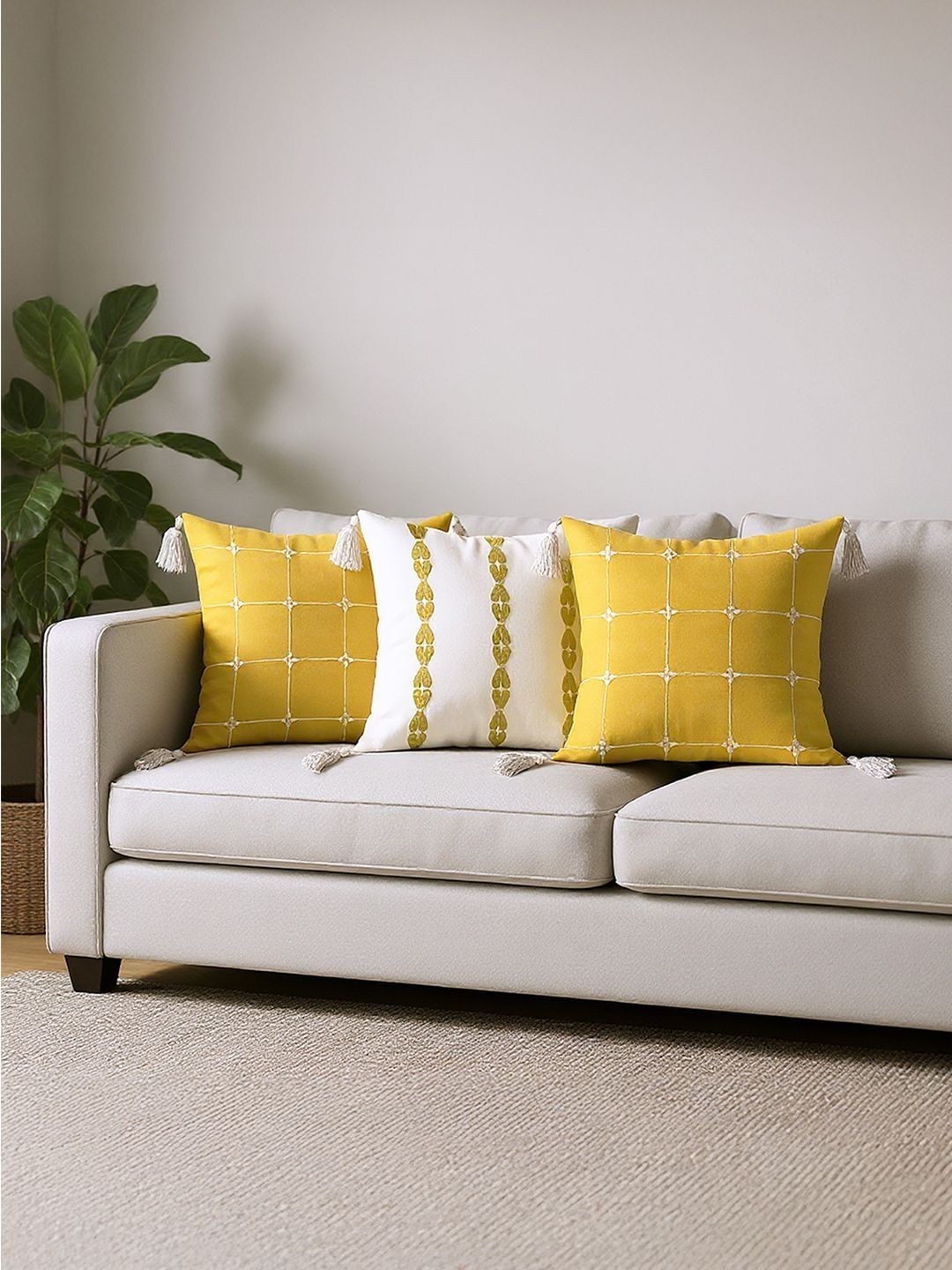 URBAN SPACE Yellow & White Set of 3 Checked Square Cushion Covers-picture-48