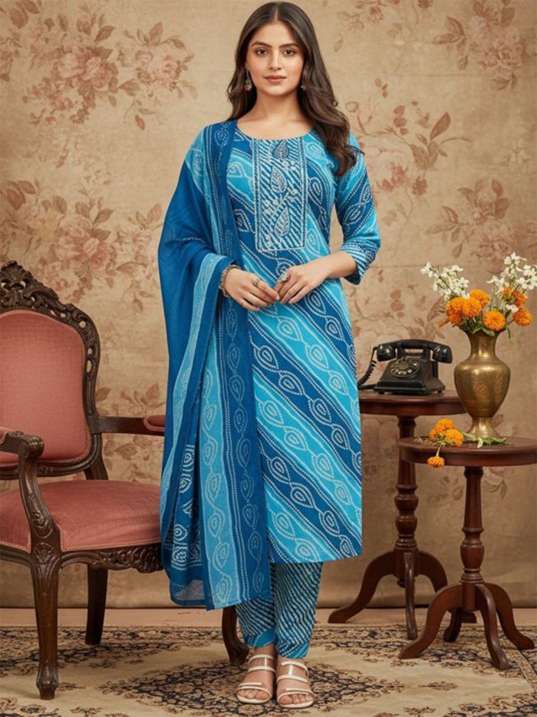 BAMSOM WEAR Women Leheriya Printed Regular Kurta with Trousers & With Dupatta