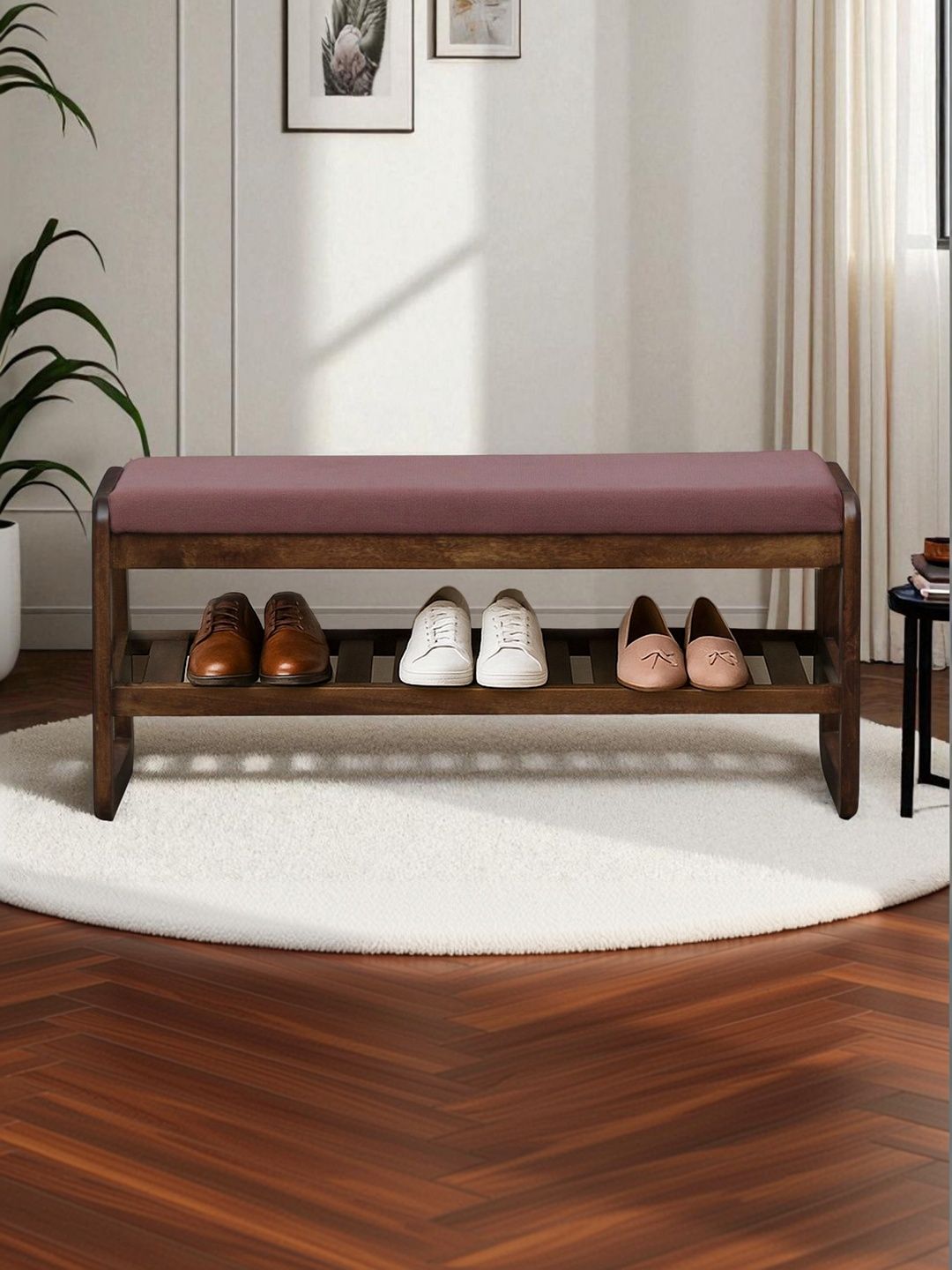 Bene Decor Brown & Pink Wooden Bench With Cushion Shoe Rack-picture-51
