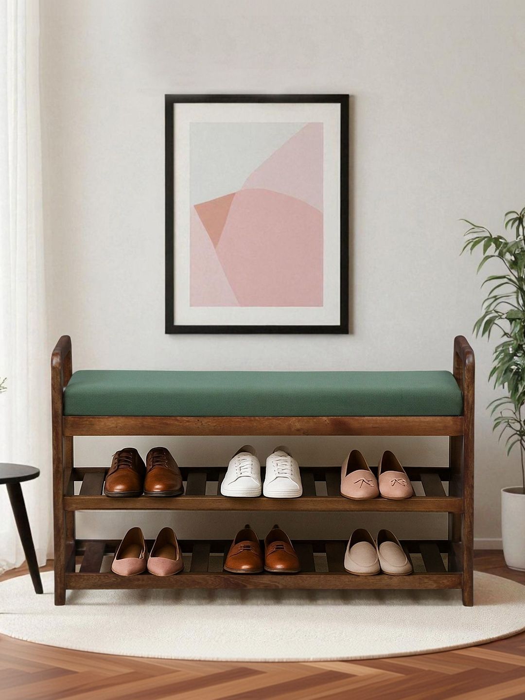 Bene Decor Brown & Green Wooden Bench With Cushion Shoe Rack-picture-47