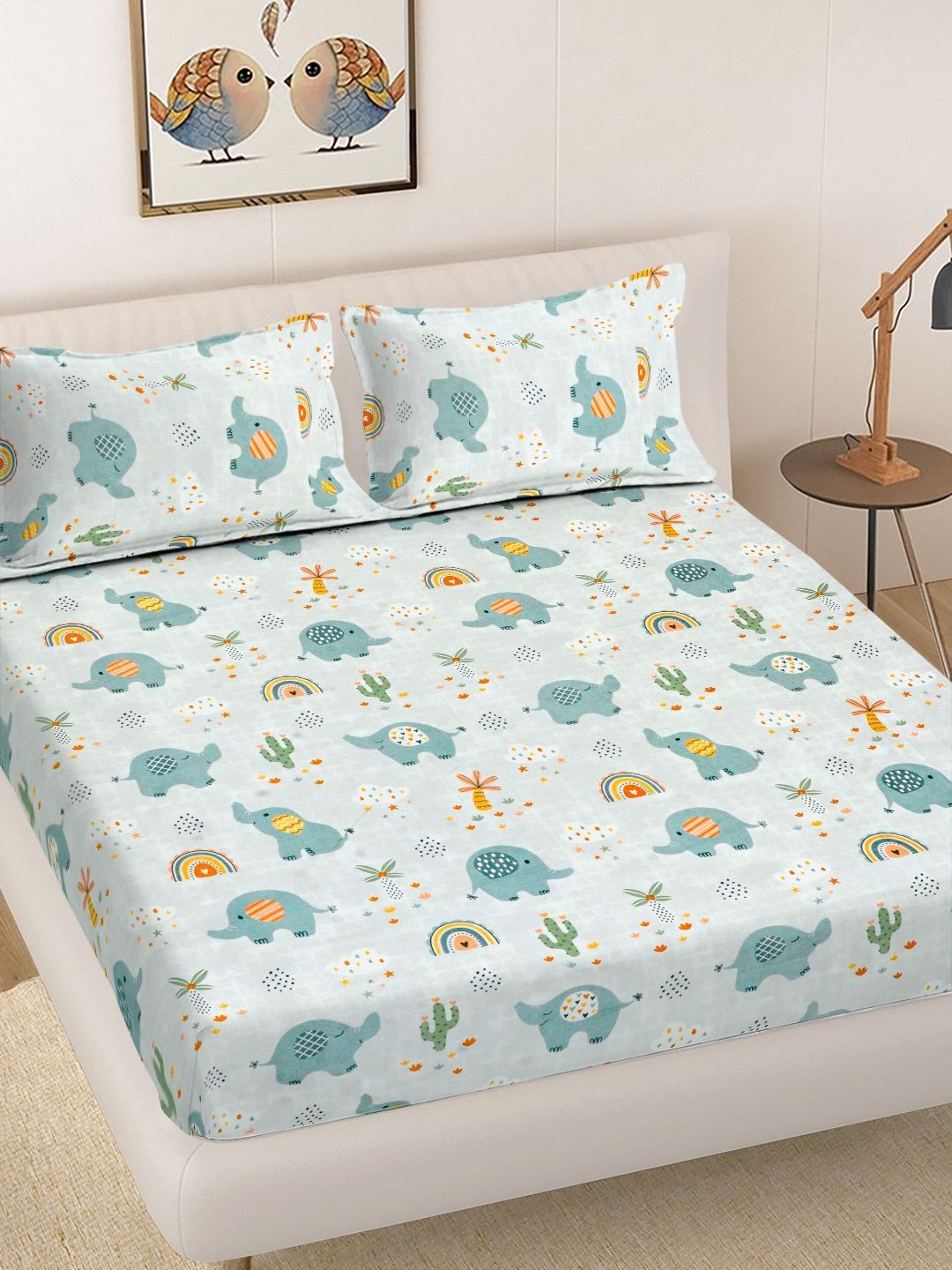 FABINALIV Blue Conversational 300 TC Bedsheet with 2 Pillow Covers-image-3